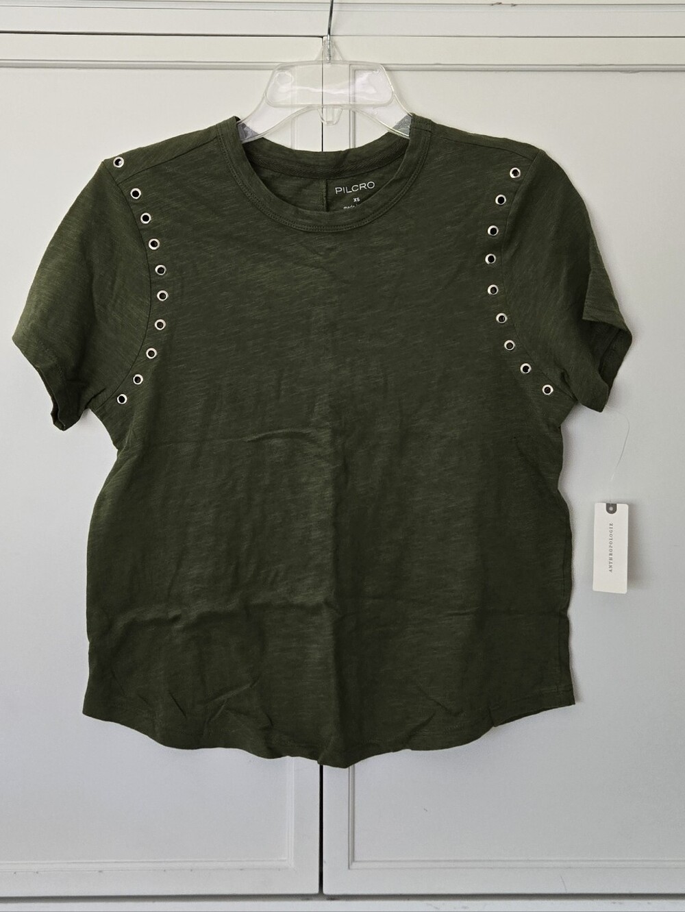 Anthropologie Olive Green Short Sleeve Tee with Grommet Detail